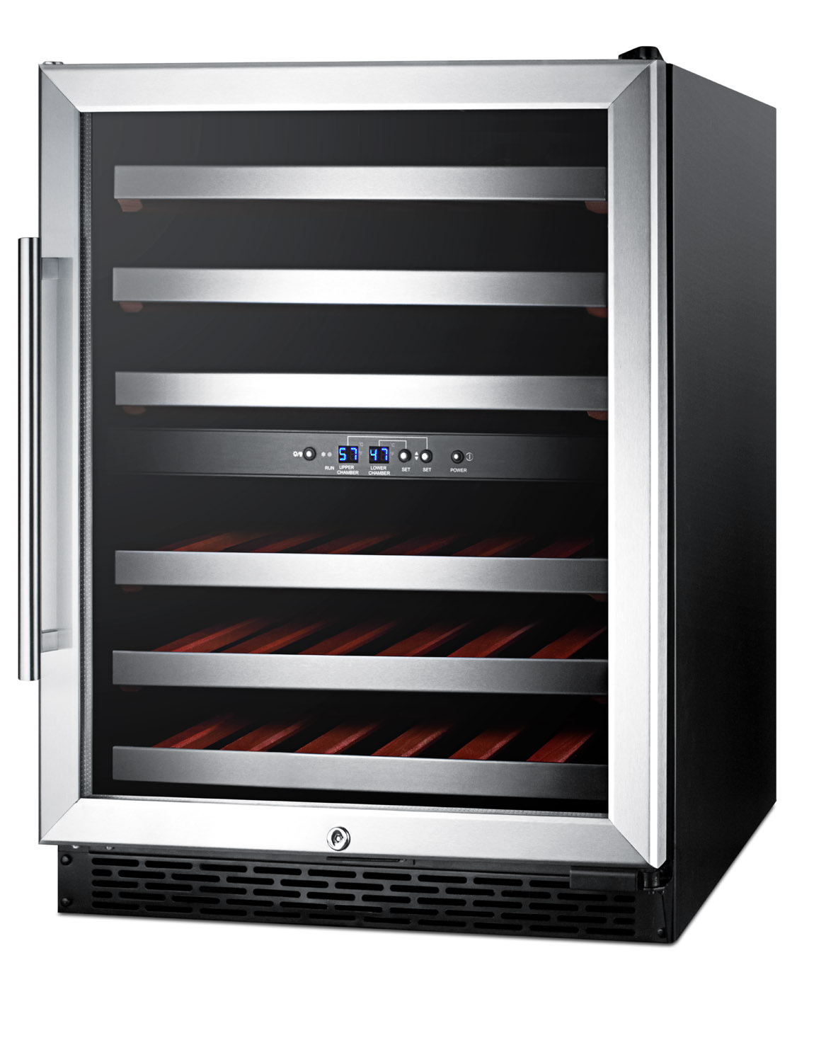 Dual zone built-in commercially approved wine cellar designed for the display and refrigeration of beverages, with digital thermostat, stainless steel trimmed shelves and black cabinet; replaces SWC530LBIST